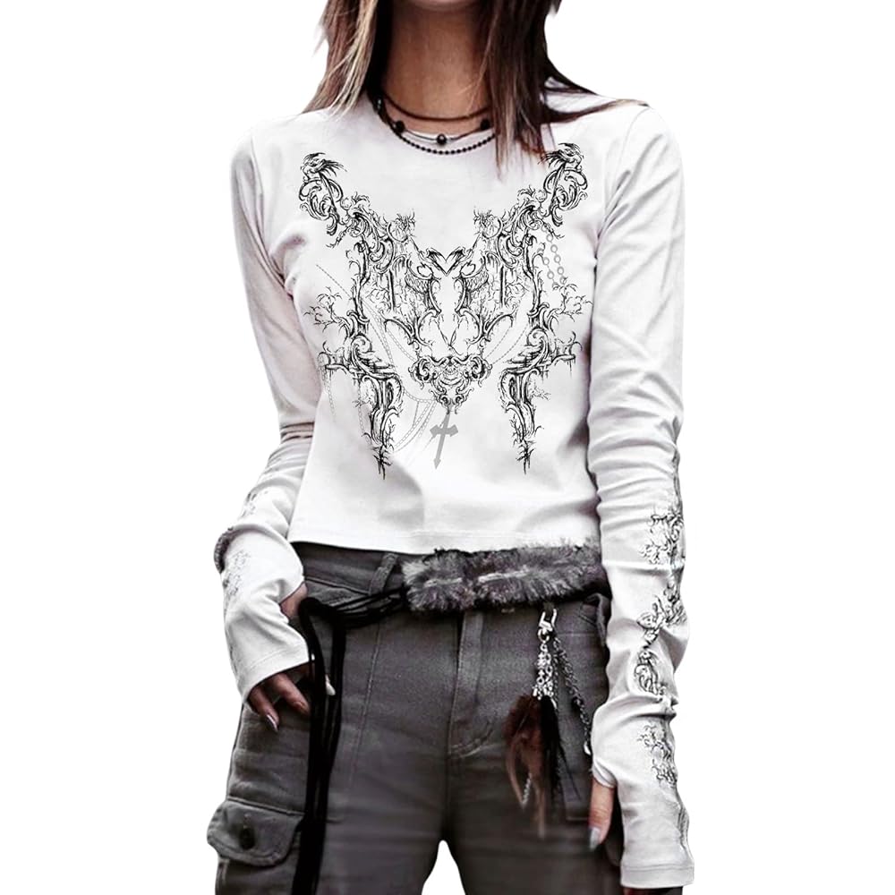 あああused graphic y2k tops Y2k Women Grunge Short Sleeve Teen Girl Aesthetic Top Skull